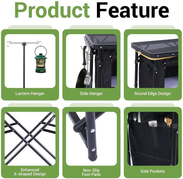 Alt view image 7 of 7 - Nice C Camping Kitchen Station, Picnic Portable Grill Table, Folding Cook Station Organizers, with Upgrade Light Stand, Windshield, Carry Bag for Outdoor, Beach, Picnic (Black)