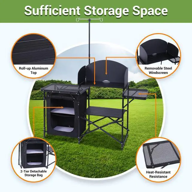 Alt view image 4 of 7 - Nice C Camping Kitchen Station, Picnic Portable Grill Table, Folding Cook Station Organizers, with Upgrade Light Stand, Windshield, Carry Bag for Outdoor, Beach, Picnic (Black)