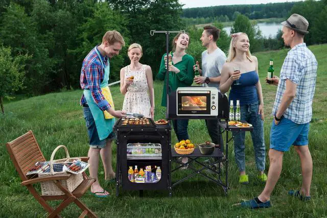 Alt view image 5 of 7 - Nice C Camping Kitchen Station, Picnic Portable Grill Table, Folding Cook Station Organizers, with Upgrade Light Stand, Windshield, Carry Bag for Outdoor, Beach, Picnic (Black)