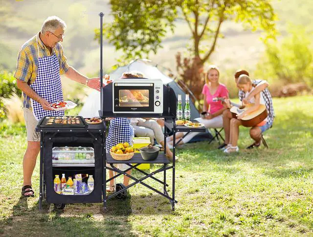 Alt view image 6 of 7 - Nice C Camping Kitchen Station, Picnic Portable Grill Table, Folding Cook Station Organizers, with Upgrade Light Stand, Windshield, Carry Bag for Outdoor, Beach, Picnic (Black)