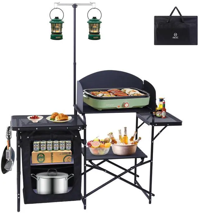 Main image of Nice C Camping Kitchen Station, Picnic Portable Grill Table, Folding Cook Station Organizers, with Upgrade Light Stand, Windshield, Carry Bag for Outdoor, Beach, Picnic (Black)