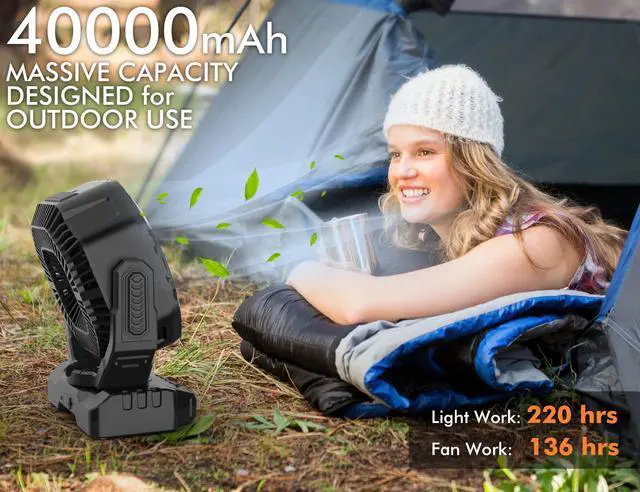 Alt view image 5 of 7 - 40000mAh Battery Operated Camping Fan, Rechargeable Fan High Velocity, Portable Fan With Remote & Timer - Battery Powered Fan for Car Travel RV Camping Gear Hurricane Emergency Power Outage Essentials