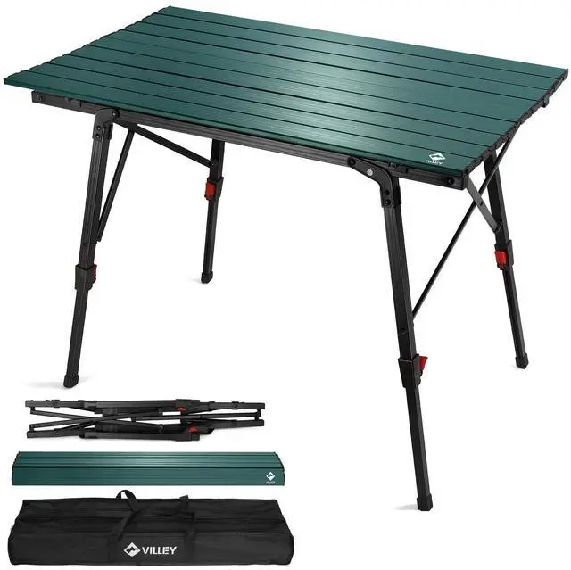 Main image of VILLEY Portable Camping Table with Adjustable Legs, Lightweight Aluminum Folding Beach Table with Carrying Bag for Outdoor Cooking, Picnic, Beach, Backyards, BBQ and Party - Green