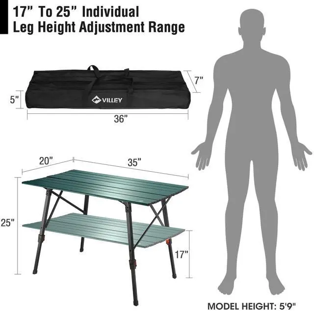 Alt view image 2 of 3 - VILLEY Portable Camping Table with Adjustable Legs, Lightweight Aluminum Folding Beach Table with Carrying Bag for Outdoor Cooking, Picnic, Beach, Backyards, BBQ and Party - Green