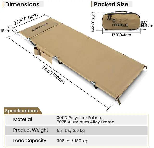 Alt view image 5 of 7 - ONETIGRIS SUPRAGRIS Camping Cot, Support Up to 400lbs, Lightweight Comfortable Folding Bed for Camping, Hiking, Backpacking, Travel, Car Trips, Office Nap