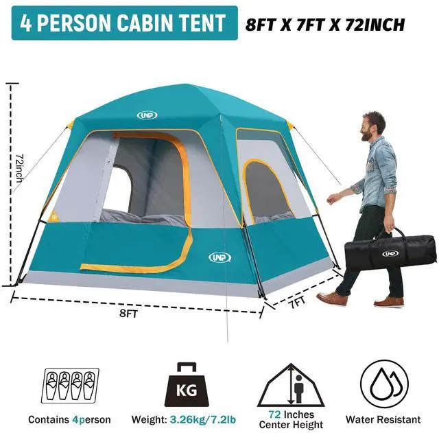 Alt view image 2 of 6 - UNP 4-Person Tent, Portable Cabin Tent, Camping Tent 4-Person Easy Set Up, Waterproof with Top Rainfly for Outdoor Camping/Hiking (Ocean Blue)