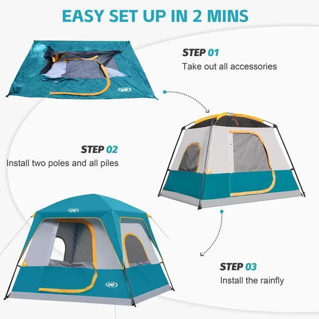 Alt view image 5 of 6 - UNP 4-Person Tent, Portable Cabin Tent, Camping Tent 4-Person Easy Set Up, Waterproof with Top Rainfly for Outdoor Camping/Hiking (Ocean Blue)
