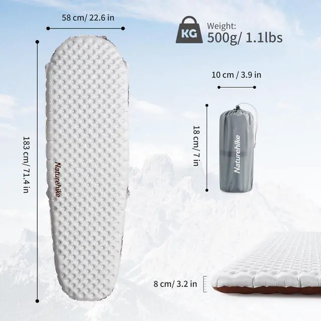 Alt view image 2 of 7 - Naturehike Ultralight Insulated Sleeping Pad with R5.8, 3.2in Thickened Patchworkable Inflatable Double Sleeping Mat for Camping, Hiking, Climbing with Inflatable Bag (Silver-Mummy)