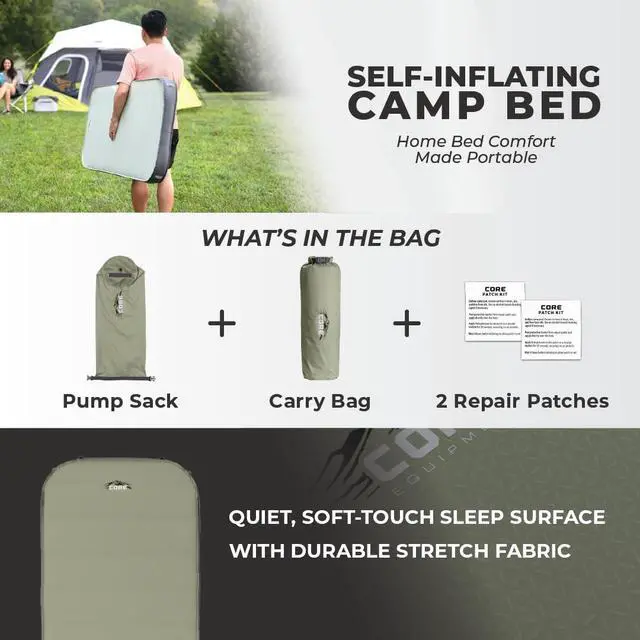 Alt view image 3 of 6 - CORE Regular Self Inflating Camping Bed | Perfect Blow Up Mattress for Travel Car Camping & Outdoor Use | Air & Foam Filled Inflatable Sleeping Pad for Adults