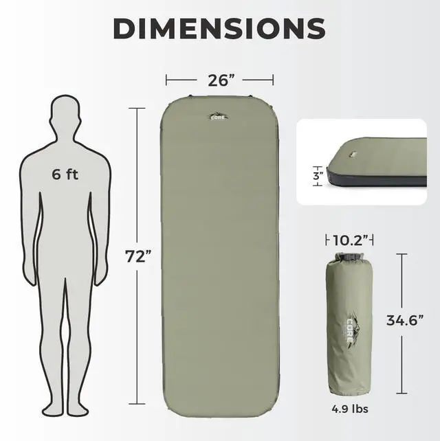 Alt view image 2 of 6 - CORE Regular Self Inflating Camping Bed | Perfect Blow Up Mattress for Travel Car Camping & Outdoor Use | Air & Foam Filled Inflatable Sleeping Pad for Adults