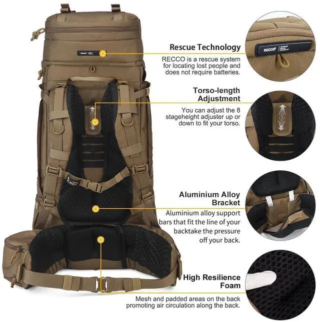 Alt view image 4 of 6 - Mardingtop 75L Military Internal Frame Backpack for Men, Cordura Tactical Backpack with Recco for Snowboarding,Hiking,Camping