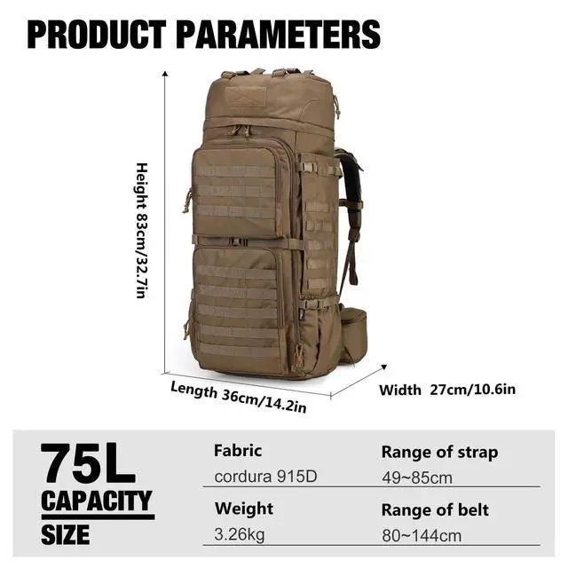 Alt view image 2 of 6 - Mardingtop 75L Military Internal Frame Backpack for Men, Cordura Tactical Backpack with Recco for Snowboarding,Hiking,Camping