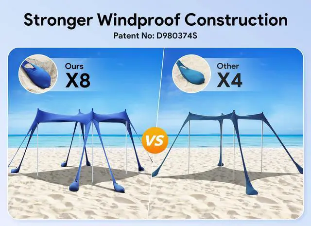 Alt view image 3 of 7 - Osoeri Beach Tent, Camping Sun Shelter UPF50+ with 8 Sandbags, Sand Shovels, Ground Pegs & Stability Poles, Outdoor Shade Beach Canopy for Camping Trips, Fishing, Backyard Fun or Picnics