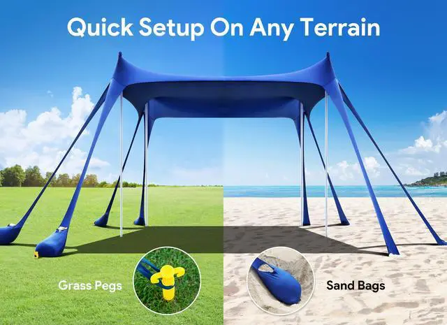 Alt view image 6 of 7 - Osoeri Beach Tent, Camping Sun Shelter UPF50+ with 8 Sandbags, Sand Shovels, Ground Pegs & Stability Poles, Outdoor Shade Beach Canopy for Camping Trips, Fishing, Backyard Fun or Picnics