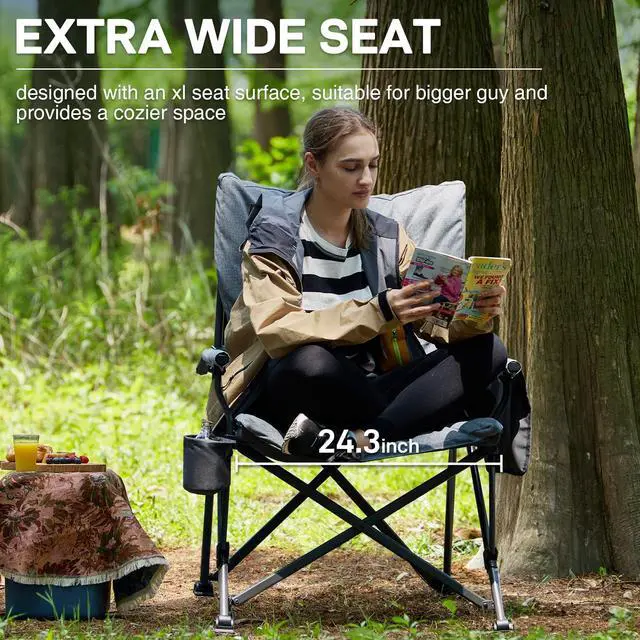 Alt view image 4 of 6 - EVER ADVANCED Padded Oversized Folding Camping Chair for Adults, Heavy Duty Lawn Chair with Side Pockets, Portable Collapsible Quad Chair for Outside, Support Up to 500lbs, Grey