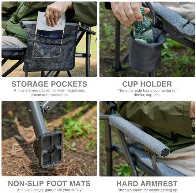 Alt view image 6 of 6 - EVER ADVANCED Padded Oversized Folding Camping Chair for Adults, Heavy Duty Lawn Chair with Side Pockets, Portable Collapsible Quad Chair for Outside, Support Up to 500lbs, Grey