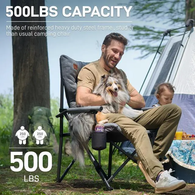 Alt view image 5 of 6 - EVER ADVANCED Padded Oversized Folding Camping Chair for Adults, Heavy Duty Lawn Chair with Side Pockets, Portable Collapsible Quad Chair for Outside, Support Up to 500lbs, Grey