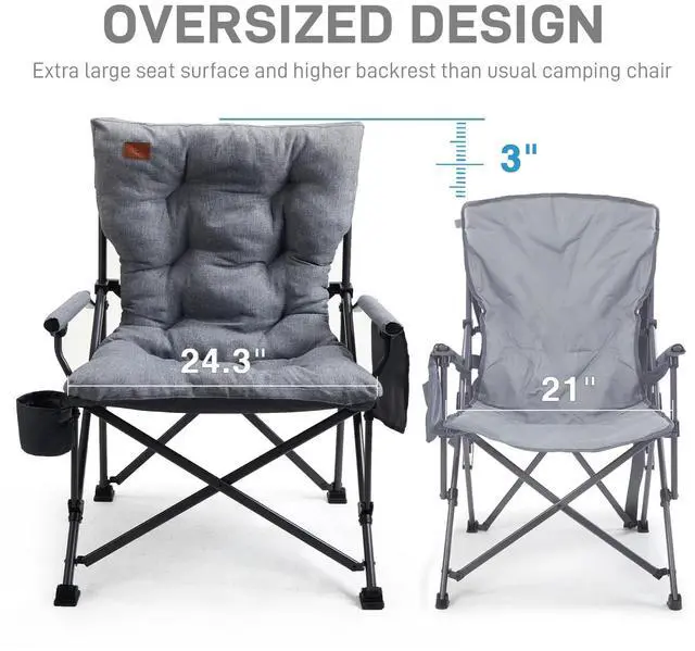 Alt view image 3 of 6 - EVER ADVANCED Padded Oversized Folding Camping Chair for Adults, Heavy Duty Lawn Chair with Side Pockets, Portable Collapsible Quad Chair for Outside, Support Up to 500lbs, Grey