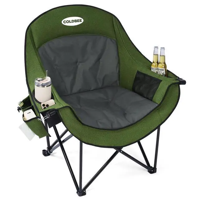 Main image of Coldbee Oversized Camping Chairs for Adults - Heavy Duty Padded Folding Lawn Chairs with Cup Holders & Cooler Bag, Comfy Outdoor Chair for Picnic, Beach, Fishing (Green)