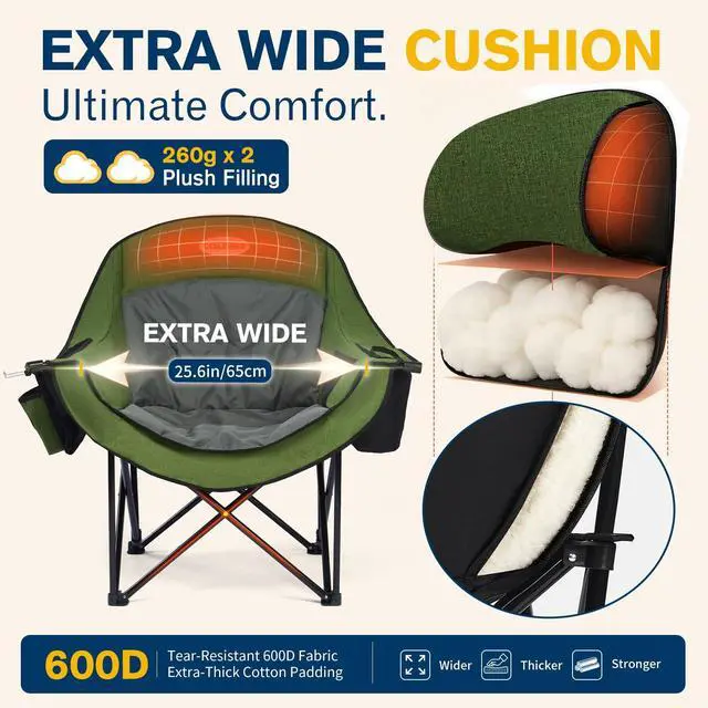 Alt view image 4 of 4 - Coldbee Oversized Camping Chairs for Adults - Heavy Duty Padded Folding Lawn Chairs with Cup Holders & Cooler Bag, Comfy Outdoor Chair for Picnic, Beach, Fishing (Green)