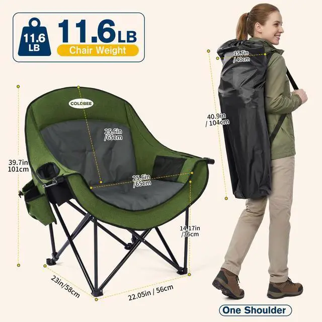 Alt view image 2 of 4 - Coldbee Oversized Camping Chairs for Adults - Heavy Duty Padded Folding Lawn Chairs with Cup Holders & Cooler Bag, Comfy Outdoor Chair for Picnic, Beach, Fishing (Green)