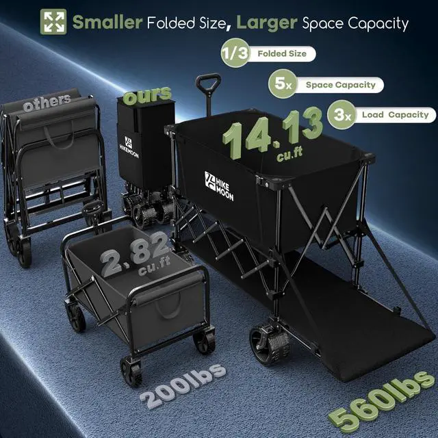 Main image of Hikemoon 400L Double Decker Wagon with Tailgate 54'' Extra Long, 560LBS Heavy Duty Wagons Carts Foldable, Big All-Terrain Wheels with Brakes, Utility Folding Cart for Beach, Camping, Sports, Black