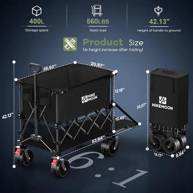 Alt view image 2 of 6 - Hikemoon 400L Double Decker Wagon with Tailgate 54'' Extra Long, 560LBS Heavy Duty Wagons Carts Foldable, Big All-Terrain Wheels with Brakes, Utility Folding Cart for Beach, Camping, Sports, Black