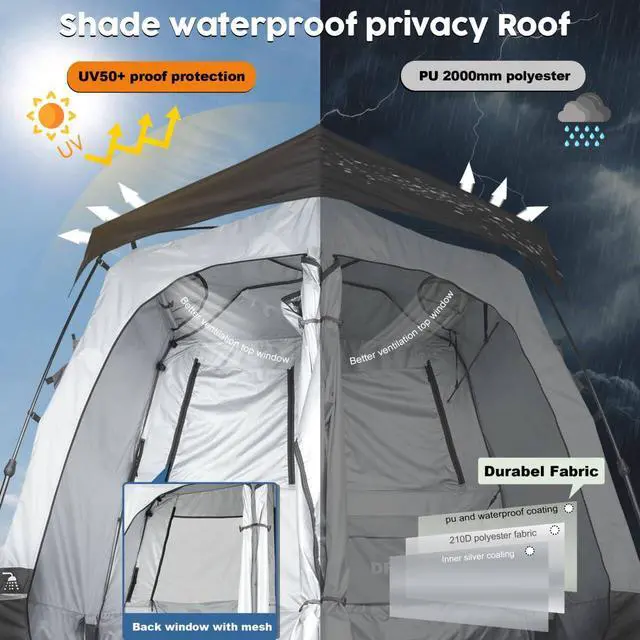 Alt view image 3 of 5 - Porayhut Portable Camping Shower Tent Deluxe Changing Room Easy Set Up Privacy Shelter,Large Toilet Tent with Floor Drain Design for Beach, Camping,Hiking with 2 Rooms,Stakes and Ropes for Stability
