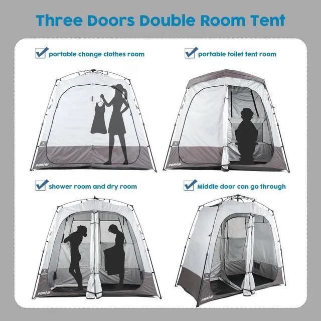 Alt view image 4 of 5 - Porayhut Portable Camping Shower Tent Deluxe Changing Room Easy Set Up Privacy Shelter,Large Toilet Tent with Floor Drain Design for Beach, Camping,Hiking with 2 Rooms,Stakes and Ropes for Stability