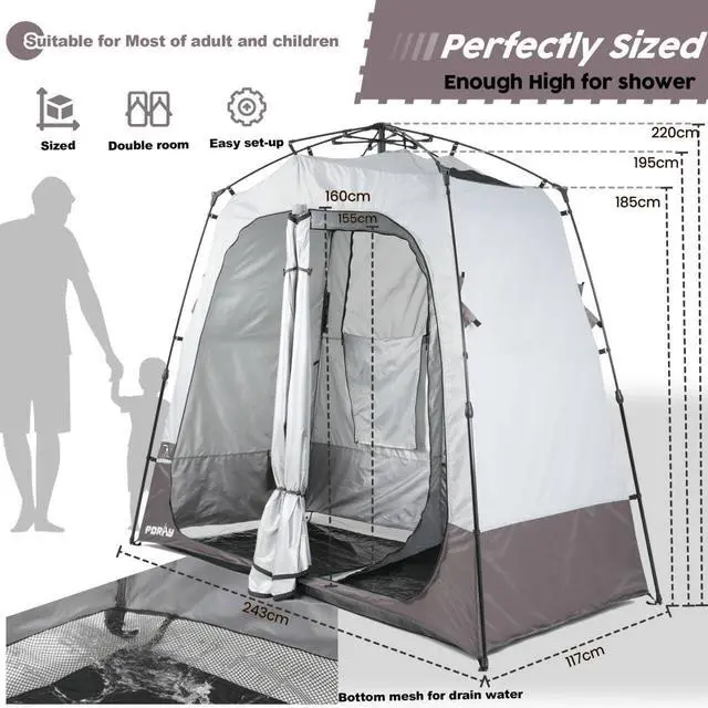 Alt view image 2 of 5 - Porayhut Portable Camping Shower Tent Deluxe Changing Room Easy Set Up Privacy Shelter,Large Toilet Tent with Floor Drain Design for Beach, Camping,Hiking with 2 Rooms,Stakes and Ropes for Stability