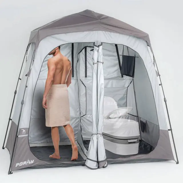 Main image of Porayhut Portable Camping Shower Tent Deluxe Changing Room Easy Set Up Privacy Shelter,Large Toilet Tent with Floor Drain Design for Beach, Camping,Hiking with 2 Rooms,Stakes and Ropes for Stability