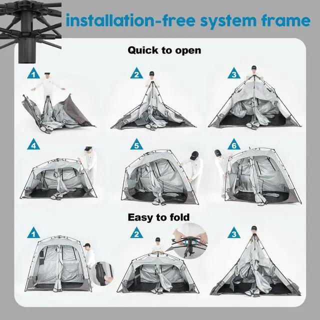 Alt view image 5 of 5 - Porayhut Portable Camping Shower Tent Deluxe Changing Room Easy Set Up Privacy Shelter,Large Toilet Tent with Floor Drain Design for Beach, Camping,Hiking with 2 Rooms,Stakes and Ropes for Stability