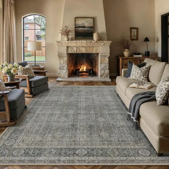 Main image of PureCozy 8x10 Washable Area Rug Grey Brown for Living Room Vintage Non Slip Low Pile Carpet Soft Traditional Distressed Throw Rug for Dining Room Bedroom Hallway Indoor