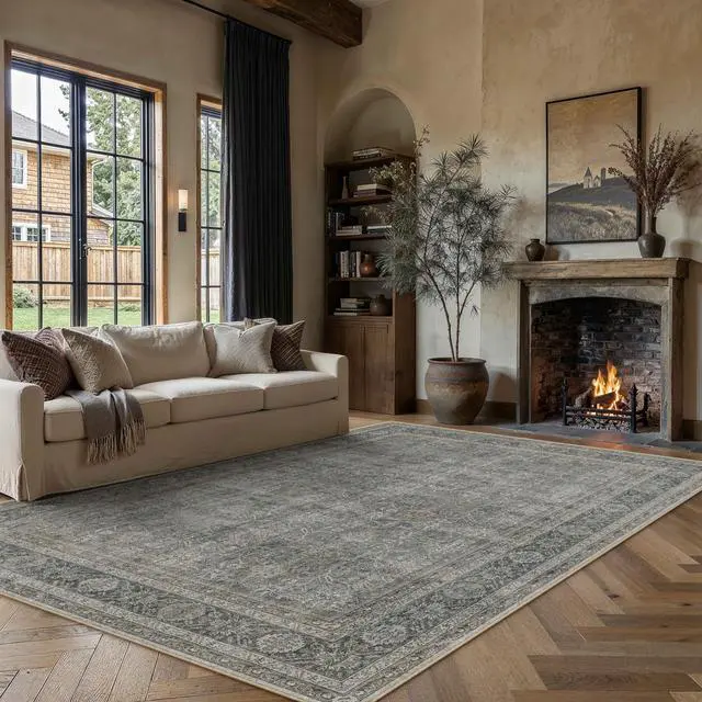 Alt view image 2 of 7 - PureCozy 8x10 Washable Area Rug Grey Brown for Living Room Vintage Non Slip Low Pile Carpet Soft Traditional Distressed Throw Rug for Dining Room Bedroom Hallway Indoor