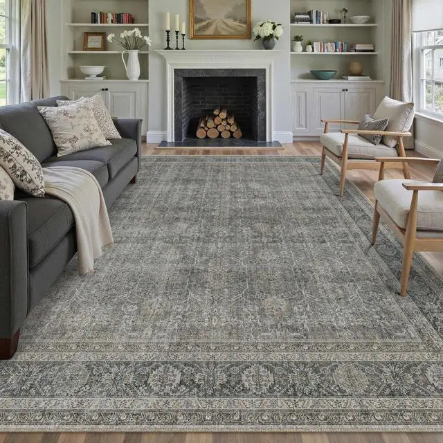 Alt view image 7 of 7 - PureCozy 8x10 Washable Area Rug Grey Brown for Living Room Vintage Non Slip Low Pile Carpet Soft Traditional Distressed Throw Rug for Dining Room Bedroom Hallway Indoor
