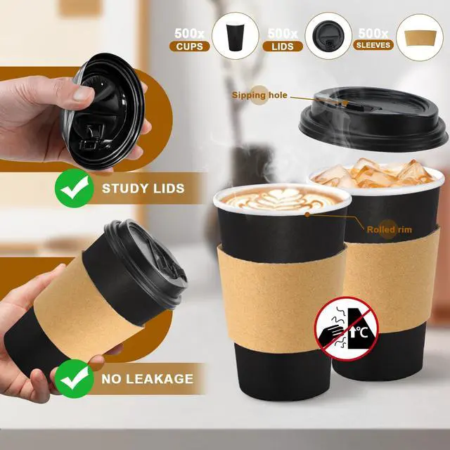 Alt view image 3 of 6 - Lamosi 500 Pack 16 oz Disposable Coffee Cups with Lids and Sleeves, Black Leak-Proof To Go Coffee Cups with Lids, Hot/Cold Beverage Black Drinking Cup for Home, Office, Parties, Travel