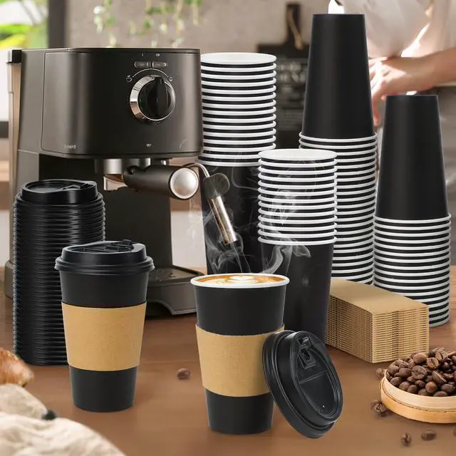 Alt view image 4 of 6 - Lamosi 500 Pack 16 oz Disposable Coffee Cups with Lids and Sleeves, Black Leak-Proof To Go Coffee Cups with Lids, Hot/Cold Beverage Black Drinking Cup for Home, Office, Parties, Travel