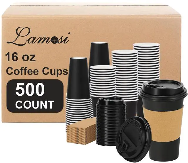 Main image of Lamosi 500 Pack 16 oz Disposable Coffee Cups with Lids and Sleeves, Black Leak-Proof To Go Coffee Cups with Lids, Hot/Cold Beverage Black Drinking Cup for Home, Office, Parties, Travel