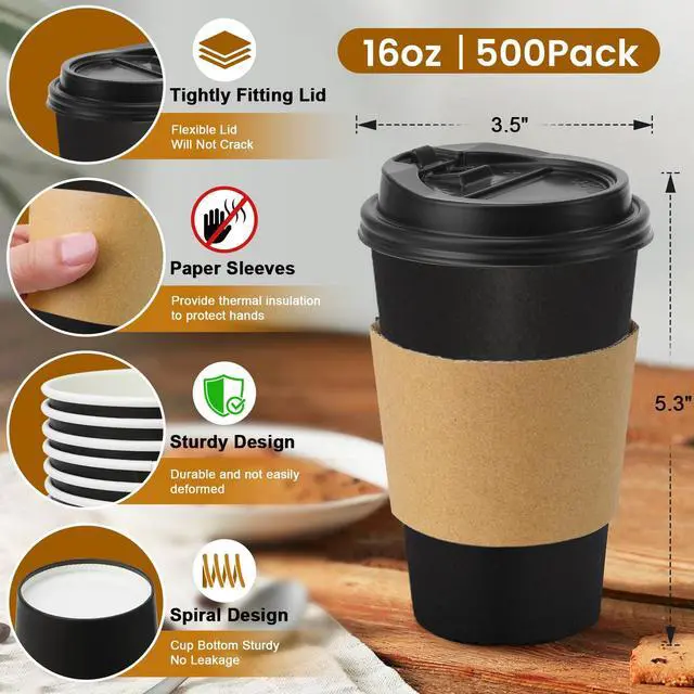 Alt view image 2 of 6 - Lamosi 500 Pack 16 oz Disposable Coffee Cups with Lids and Sleeves, Black Leak-Proof To Go Coffee Cups with Lids, Hot/Cold Beverage Black Drinking Cup for Home, Office, Parties, Travel