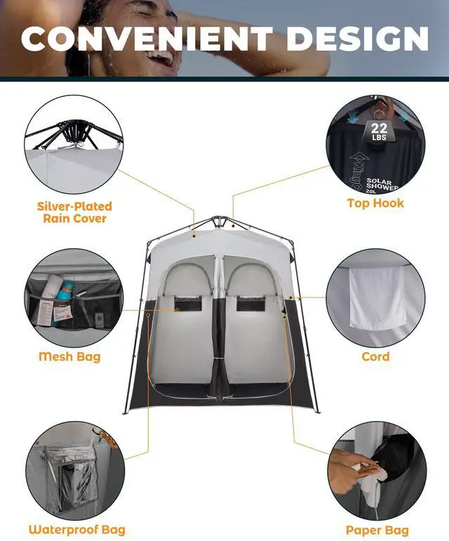 Alt view image 5 of 7 - KingCamp Instant Shower Tent, Portable Superior Stable Privacy Shelter, 2 Large Rooms Outdoor Toilet Tent with Floor for Beach, Camping & Hiking, Setup in Under 60s