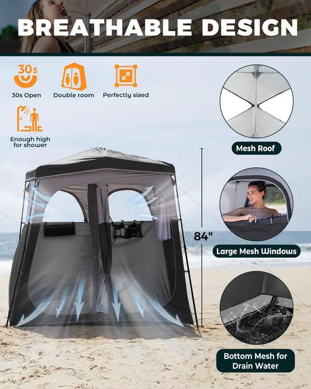 Alt view image 4 of 7 - KingCamp Instant Shower Tent, Portable Superior Stable Privacy Shelter, 2 Large Rooms Outdoor Toilet Tent with Floor for Beach, Camping & Hiking, Setup in Under 60s