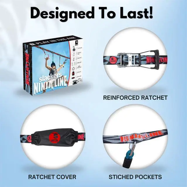 Alt view image 3 of 7 - Slackers Ninjaline - 36' Intro Kit - Includes 7 Hanging Attachments - Best Outdoor Ninja Warrior Training Equipment For Kids - Build Your Very Own Backyard Obstacle Course - Rated Ages 5+