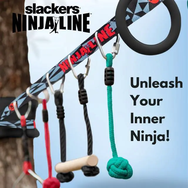 Alt view image 2 of 7 - Slackers Ninjaline - 36' Intro Kit - Includes 7 Hanging Attachments - Best Outdoor Ninja Warrior Training Equipment For Kids - Build Your Very Own Backyard Obstacle Course - Rated Ages 5+