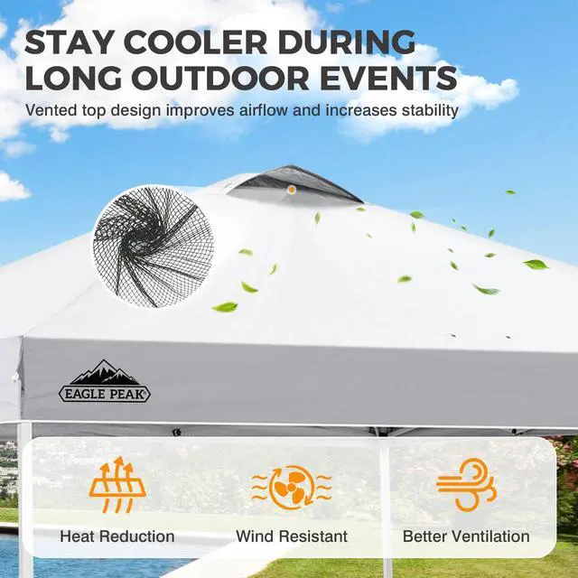 Alt view image 2 of 7 - EAGLE PEAK Pop Up Canopy Tent with Wheeled Carry Bag, 8 Stakes, 4 Ropes, 4 Weight Bags, Easy Set Up Tent Canopy, 10x10 ft, 100sqft of Shade, White
