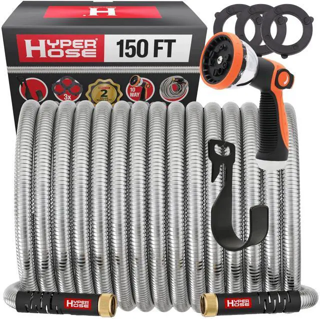 Main image of Best 150 ft Metal Garden Hose Set - No-Kink Durable 316 Stainless Steel, 10-Way Zync Spray Nozzle & Hook Tough Flexible Heavy Duty Water Hoses, 5/8 in, Rust, Weather, LeakProof