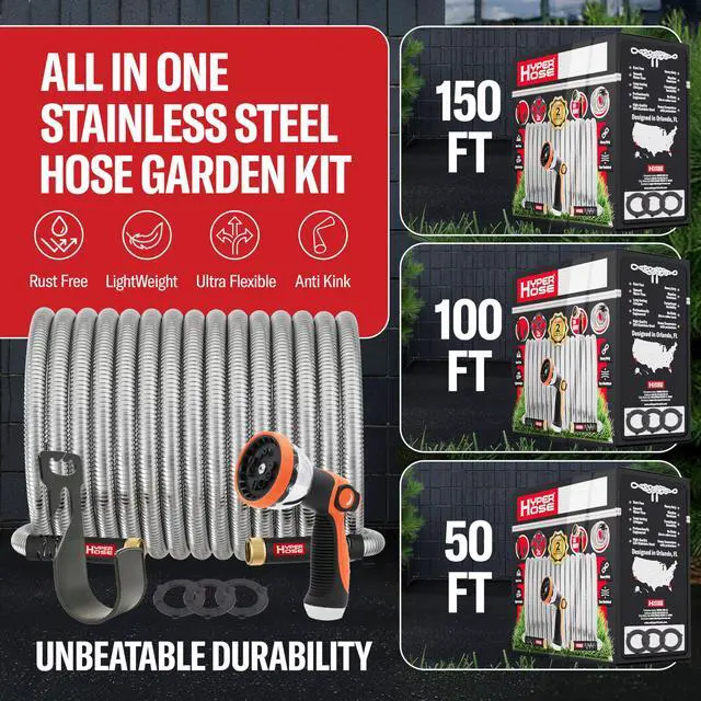 Alt view image 2 of 7 - Best 150 ft Metal Garden Hose Set - No-Kink Durable 316 Stainless Steel, 10-Way Zync Spray Nozzle & Hook Tough Flexible Heavy Duty Water Hoses, 5/8 in, Rust, Weather, LeakProof