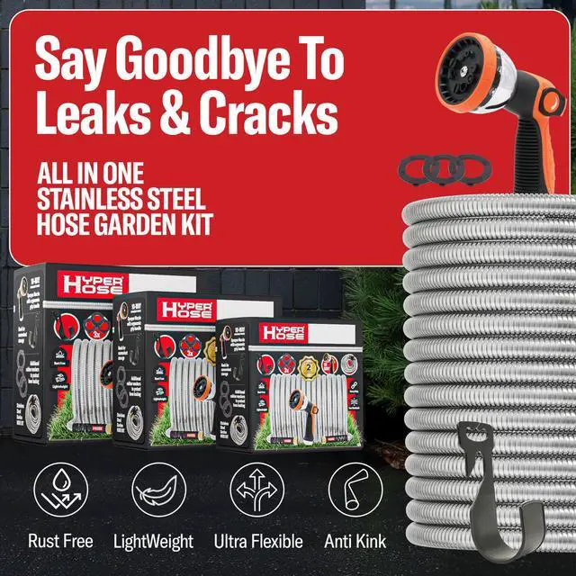 Alt view image 3 of 7 - Best 150 ft Metal Garden Hose Set - No-Kink Durable 316 Stainless Steel, 10-Way Zync Spray Nozzle & Hook Tough Flexible Heavy Duty Water Hoses, 5/8 in, Rust, Weather, LeakProof
