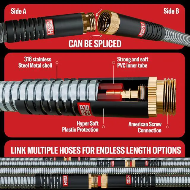 Alt view image 5 of 7 - Best 150 ft Metal Garden Hose Set - No-Kink Durable 316 Stainless Steel, 10-Way Zync Spray Nozzle & Hook Tough Flexible Heavy Duty Water Hoses, 5/8 in, Rust, Weather, LeakProof