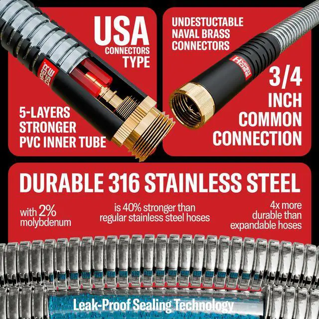Alt view image 6 of 7 - Best 150 ft Metal Garden Hose Set - No-Kink Durable 316 Stainless Steel, 10-Way Zync Spray Nozzle & Hook Tough Flexible Heavy Duty Water Hoses, 5/8 in, Rust, Weather, LeakProof