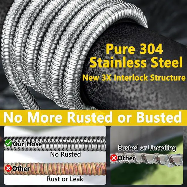 Alt view image 3 of 7 - 150 ft Stainless Steel Garden Hose - 2026 New Upgraded Metal Water hose - Flexible Water Hoses Pipes with Latex Core, 3/4" Solid Brass Connector - No-Expandable Watering Garden Hoses